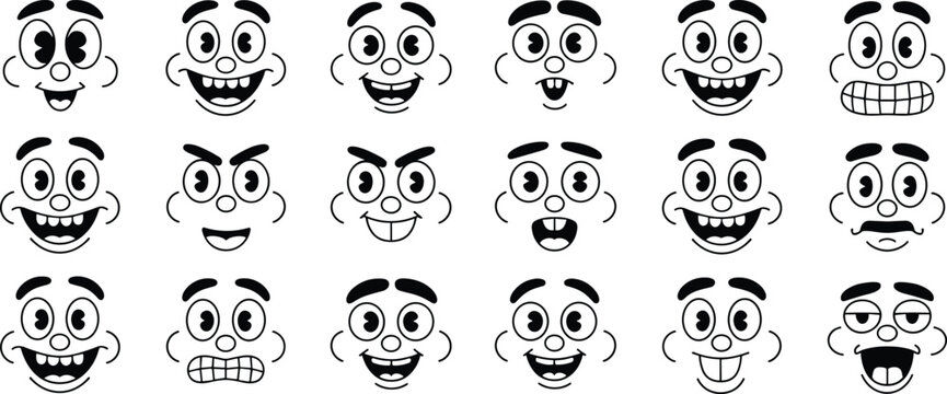 Cartoon facial expressions set featuring twenty outlined faces with exaggerated eyes, eyebrows, and mouths showing emotions in vector illustration