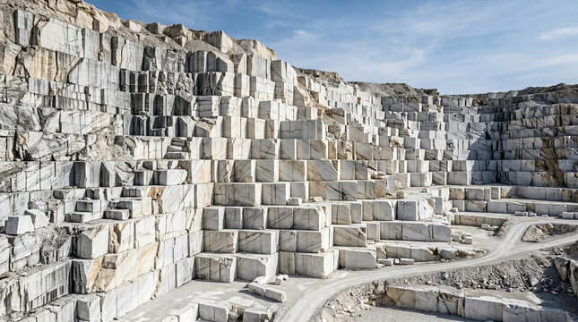 Granite quarry with stacked stone blocks, industrial marble mine landscape, open pit mining site for construction materials and natural rock