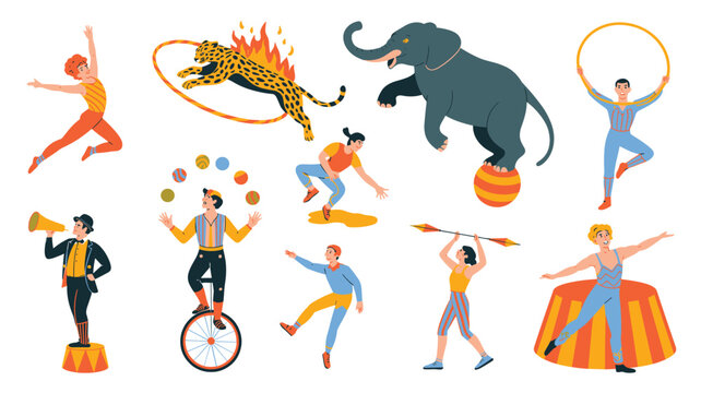 Vibrant collection of diverse circus performer characters including acrobats jugglers trained animals and a ringmaster for a show.