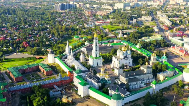Sergiev Posad, Russia. The Trinity-Sergius Lavra is the largest male monastery of the Russian Orthodox Church with a long history. Located in the center of the city of Sergiev Posad. Sunset light. Dr