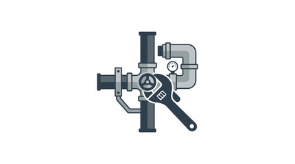 Fototapeta premium Plumbing System Repair: Wrench on Valve, Pipes, Pressure Gauge - Industrial Maintenance Concept