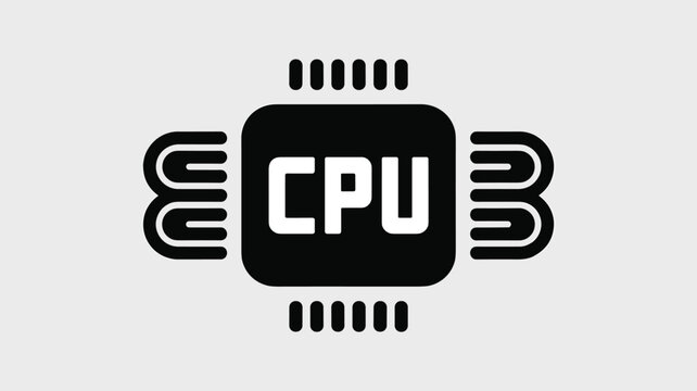 Clean black silhouette icon representing a central processing unit chip for computer technology and electronic hardware design.