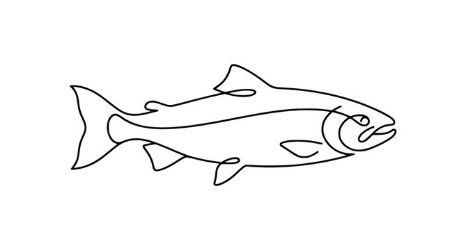 Abstract one line salmon fish outline vector art fresh seafood linear drawing concept on white background
