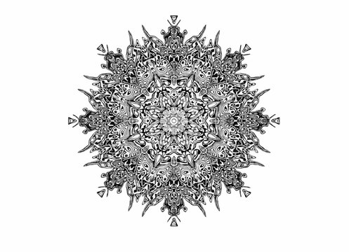 Intricate Hand Drawn Monochrome Circular Symmetrical Kaleidoscope Motif Isolated on White