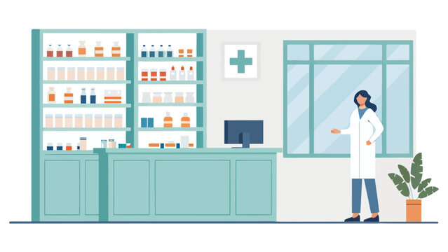 Pharmacist standing at counter in a modern pharmacy interior with shelves full of medicine bottles medicine storage customer service health care pharmacy desk pharmacy pharmacist medicine