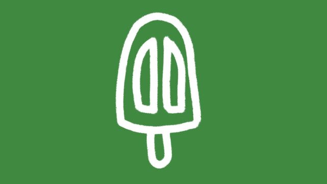 White popsicle ice lolly cartoon graphic with chalk outline frozen juice bar icon isolated on green screen background for summer refreshment and dessert doodle element concept.