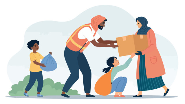 Volunteer in reflective vest distributing food aid boxes to family in need with volunteer donation community humanitarian assistance nonprofit kindness supplies distribution generosity