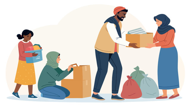 Volunteers distributing charitable food supplies and boxes to family in need with volunteer donation community humanitarian assistance nonprofit kindness supplies distribution generosity