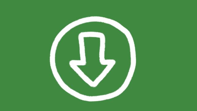 White arrow down circle cartoon graphic with chalk outline downward arrow icon isolated on green screen background for digital download symbol and data system line art element concept.