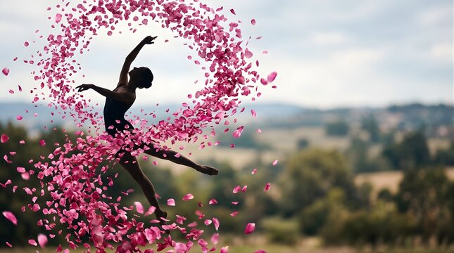 Silhouette of a graceful ballerina dancing with pink flower petals outdoors