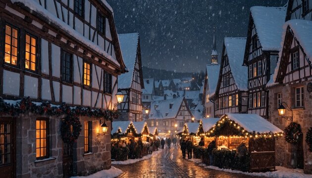 Snowy, festive, half-timbered village street, Christmas market, nighttime, Germany