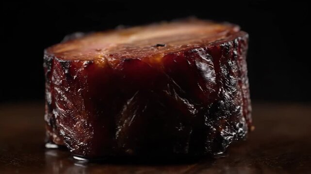 Extreme close-up of gourmet glazed or barbecued meat steak against a moody dark background. appetizing food photography for restaurants and cooking concepts.