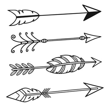 Collection of four distinct arrow designs, including tribal feather and ornate styles, perfect for graphic design needs
