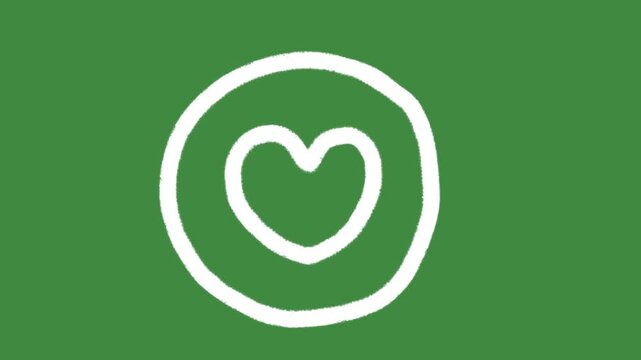 White heart in circle button cartoon graphic with chalk outline romantic love icon isolated on green screen background for health wellness protection and nonprofit donation symbol element concept.