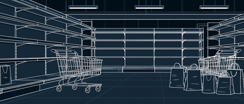 Blueprint illustration of an empty supermarket aisle with shelves, shopping carts, and bags