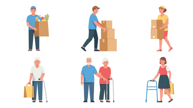 Diverse group of people being helpful including couriers carrying boxes, a woman with groceries, and elderly people.
