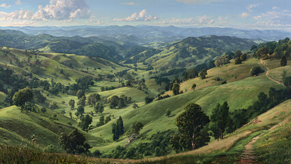 Fototapeta premium rolling green hills and mountains landscape.