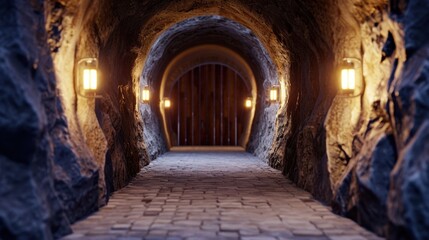 Fototapeta premium Mysterious Dimly Lit Tunnel with Stone Walls and Lanterns Leading to Wooden Doorway