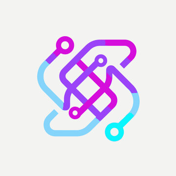 Abstract colorful circuit line logo with nodes.