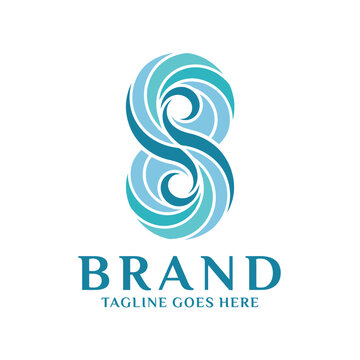 Abstract blue swirling waves logo forming number 8 shape.