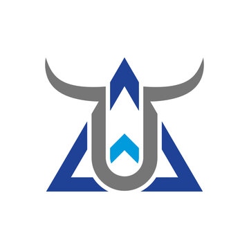 Abstract bull horn and triangle logo in blue and grey.