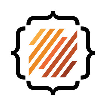 Abstract geometric logo with orange bars and black frame.