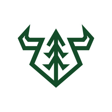 Abstract bull horns enclosing a pine tree silhouette logo.
