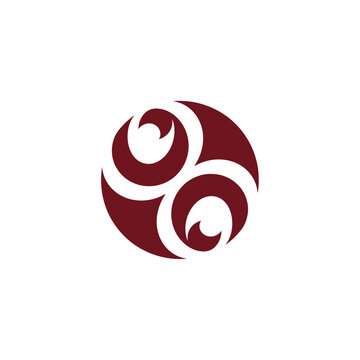 Abstract circular maroon swirl logo icon on white.