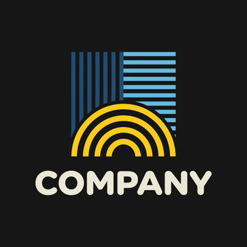 Abstract geometric logo with yellow arches and blue lines.