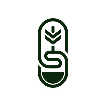 Abstract green capsule logo with wheat stalk icon.