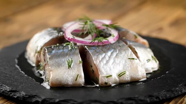 Appetizing pickled herring slices (matjes) garnished with fresh dill and red onion rings, served on a black slate plate against a rustic wooden background.