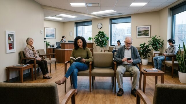 Diverse People Waiting Patiently In A Bright Modern Medical Clinic Lobby