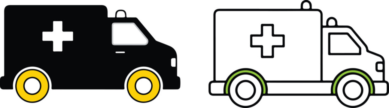 Ambulance Vehicle Icon Set Outline Vector Illustration. Emergency Medical Transport Van Line Art Icon Collection.