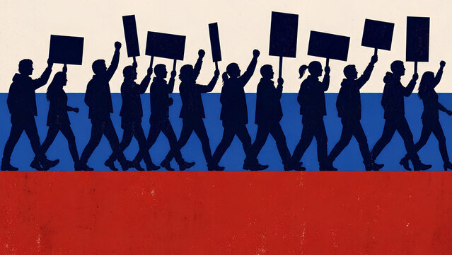 Protest crowd silhouette marching with blank placards over Russia national flag stripes, political demonstration and civil unrest concept editorial illustration