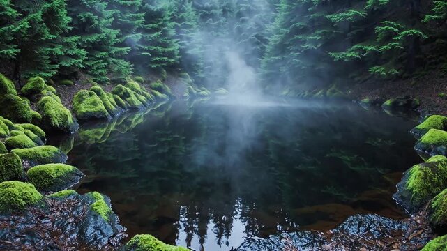 Rising steam over dark lake mirrors green pine woods where calm misty water creates quiet scenery near mossy rocks, fresh morning haze rolls over pristine mountain pond in wild woodland terrain