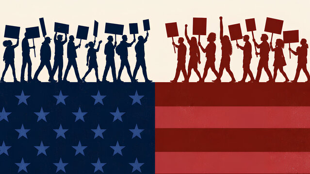 Two opposing protest crowd silhouettes marching with blank signs over USA American flag, political division and civil rights demonstration concept editorial illustration