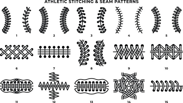 Black Athletic Stitching and Seam Patterns Vector Icon Set for Football Lacing Baseball Laces and Sports Apparel Graphic Designs