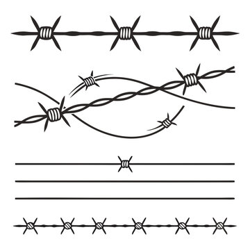 Barbed wire set with various sharp metal fence designs including twisted cables with thorns and spikes for security or prison boundary illustration