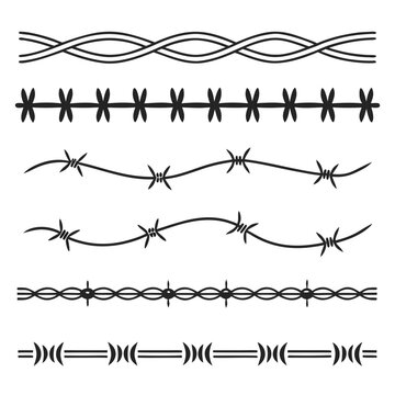 Set of black and white barbed wire border elements for design, simple line art style divider collection, abstract geometric dividers