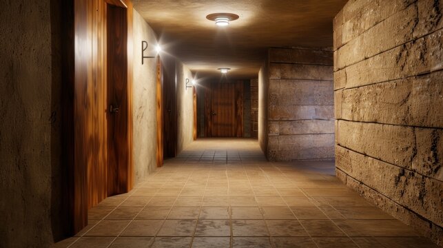 Modern hallway with wooden doors and textured stone walls illuminated by soft ceiling lights in a contemporary design