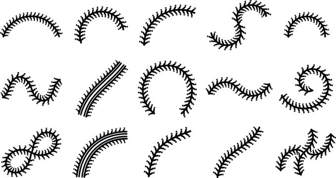 Black Baseball Laces and Curved Softball Seam Stitches Graphic Element Set with Wave Spiral and Infinity Loop Shapes for Sports Apparel Graphic Designs