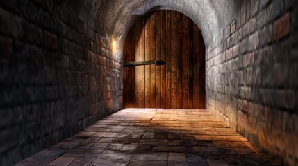 Fototapeta premium Dark Stone Tunnel with Wooden Door and Dim Light Source Illuminating the Brick Floor and Wall Textures in a Mysterious Environment