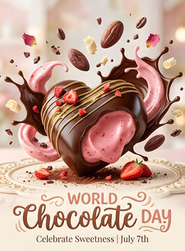World chocolate day greeting poster with heart shaped chocolate and strawberry