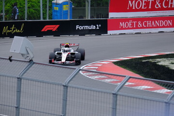 Obraz premium May 24, 2026, Montreal, Canada - Haas Formula 1 car on track by Ocon and Bearman at Circuit Gilles Villeneuve. g.