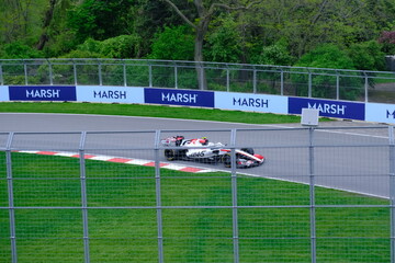 Obraz premium May 24, 2026, Montreal, Canada - Haas Formula 1 car on track by Ocon and Bearman at Circuit Gilles Villeneuve. g.