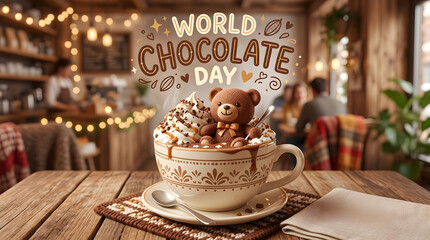 Fototapeta premium World chocolate day coffee cup with whipped cream and bear figure, chocolate