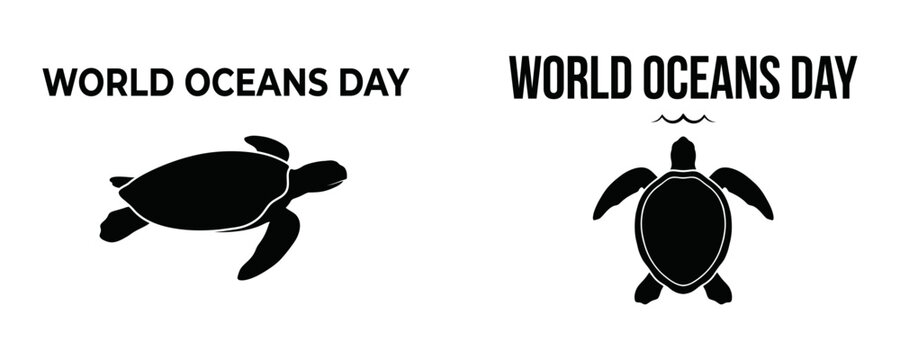 World Oceans Day typography badge set with sea turtle silhouettes, minimalist marine wildlife protection logo, vector illustration of tortoise