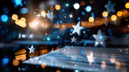 Fototapeta premium Abstract festive background with sparkling stars and soft bokeh light on a dark surface creating a magical atmosphere