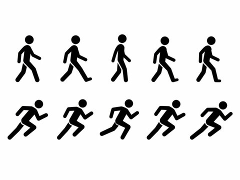 Pixel art set of human character walking and running cycle animation frames for retro video games