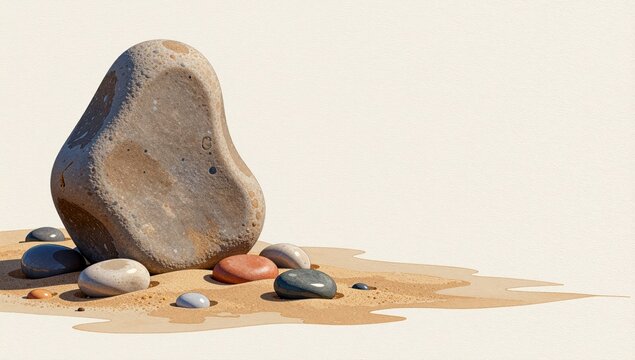 Smooth river stones and pebbles resting on a patch of fine beach sand isolated on a clean off white background for spa and wellness professional photography concepts
